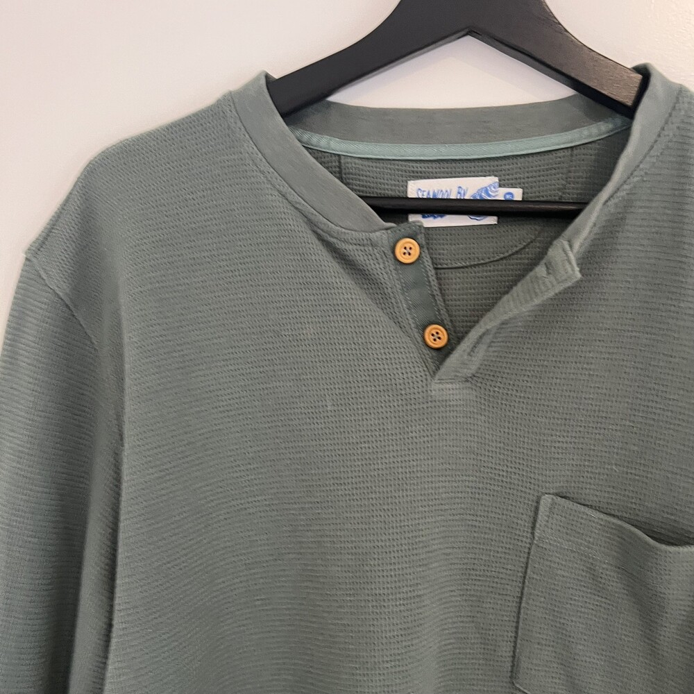 Wellen Men Brosnan Seawool XL Long Sleeve Waffle Henley Shirt Green Coastal EUC - Picture 4 of 8